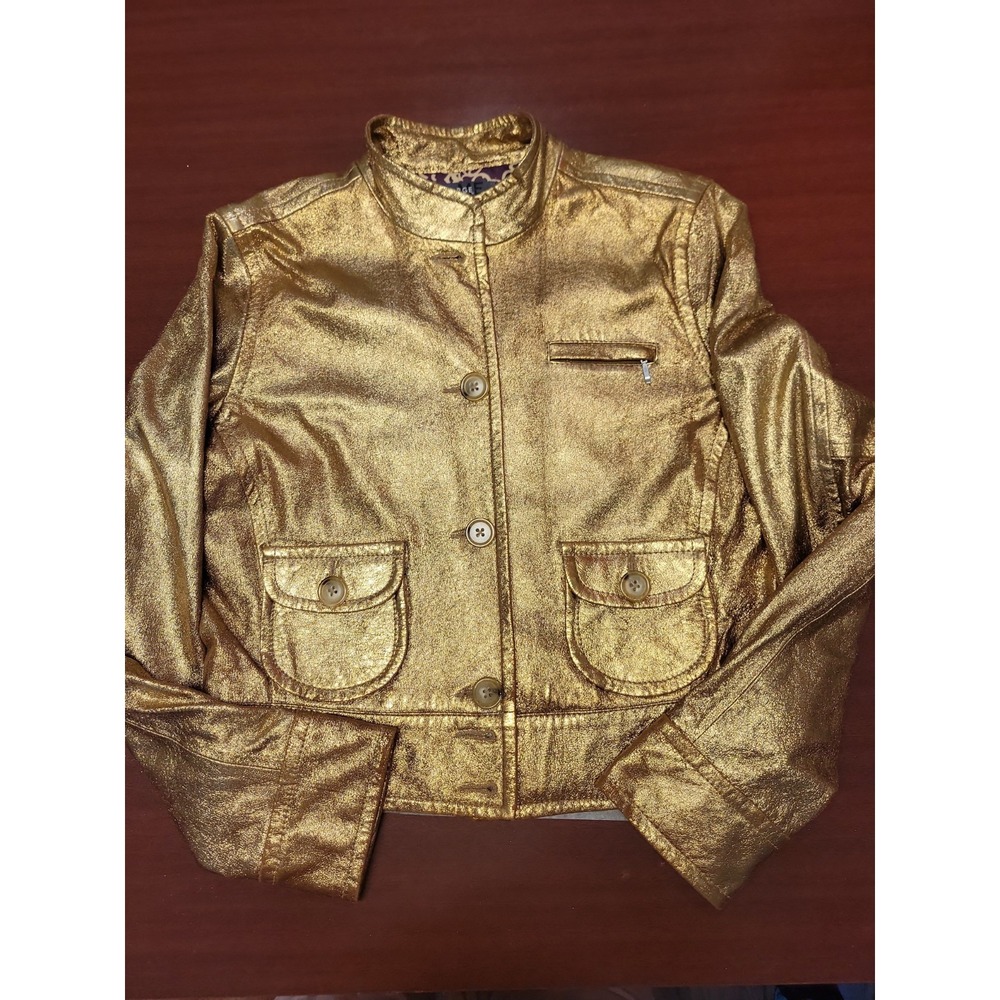 VINTAGE 90's GEORGE BY MARK EISEN GOLD FOIL LEATHER JACKET Small
